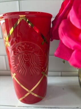 Starbucks Red Ceramic Tumbler with Gold Accents